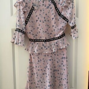 Unlabeled Floral Pink Dress with Ruffle Sleeves and faux leather detailing
